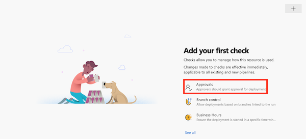 Screenshot of the Azure DevOps interface that shows the page for adding a check. The Approvals item is highlighted.