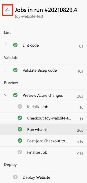 Screenshot of the Azure DevOps interface that shows the pipeline log menu. The back arrow is highlighted.