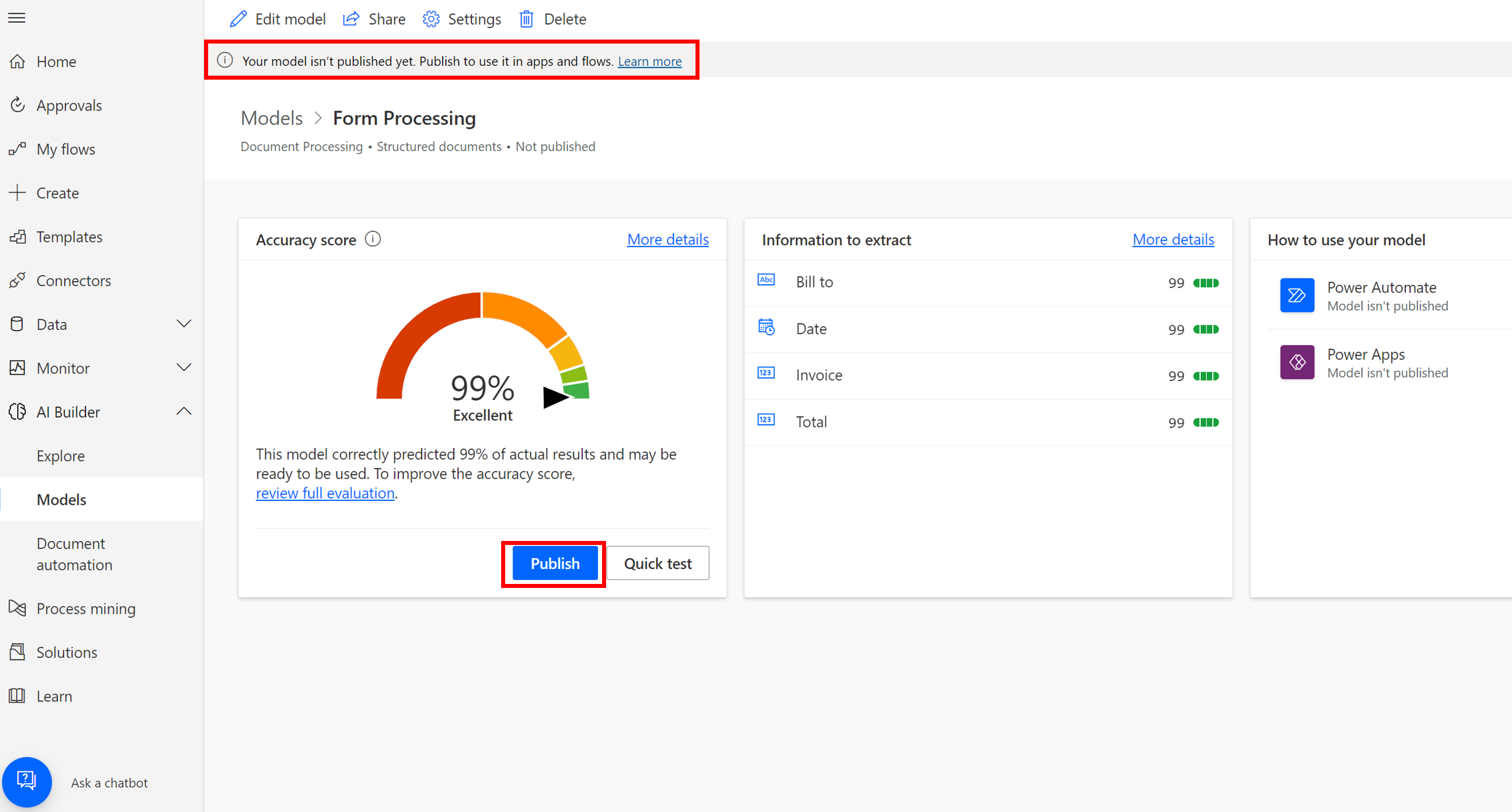 Screenshot of the Models > Enter invoice information AI model dialog box with the Publish button highlighted.