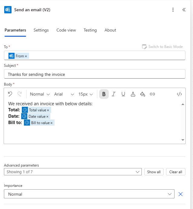 Screenshot of the Send an email dialog box with the body completed.