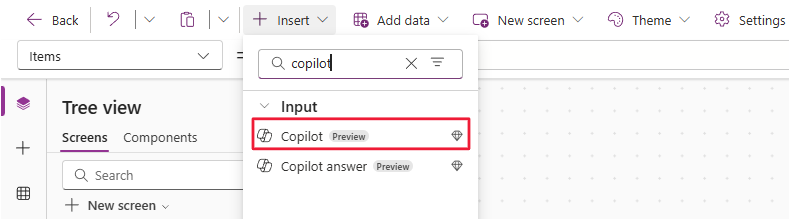 Screenshot of the insert copilot control button.