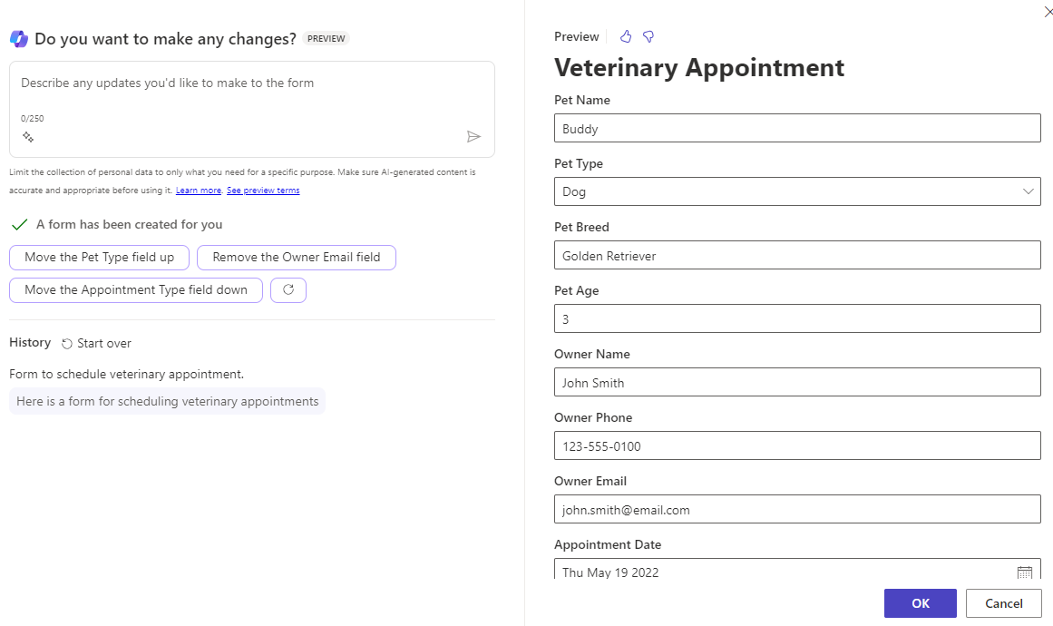 Screenshot of the Copilot-created form in preview.