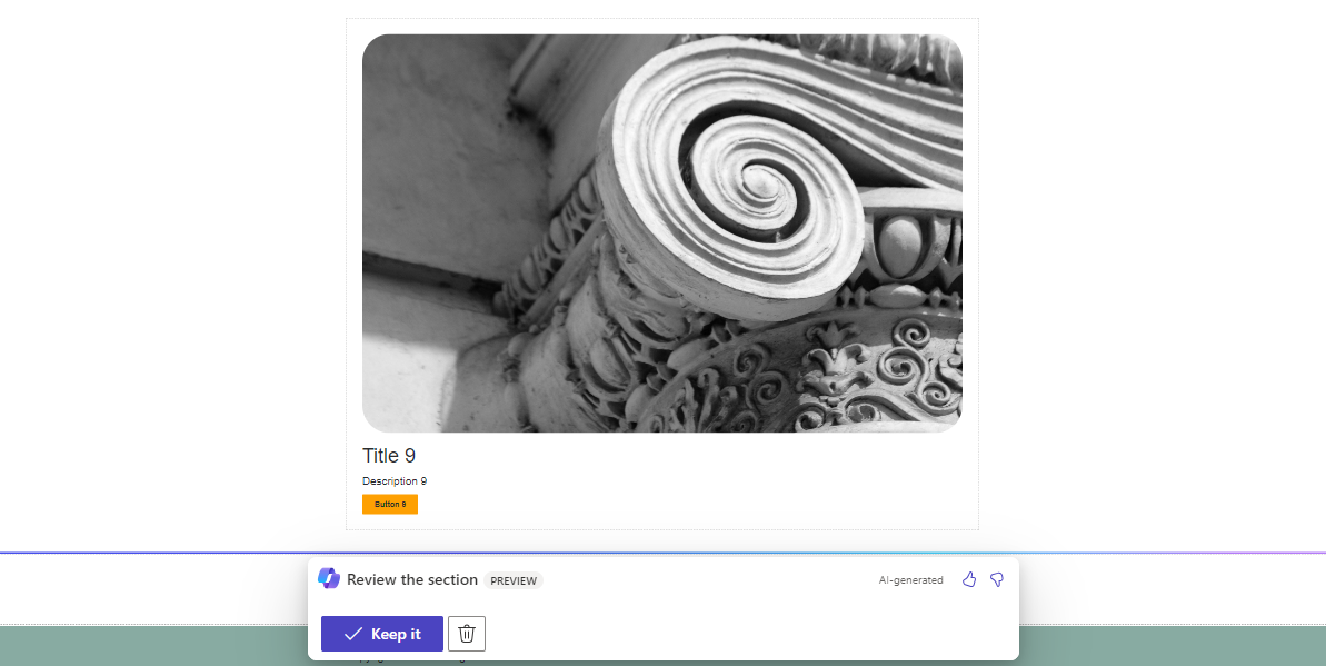 Screenshot of a section that Copilot added and the options to keep or delete the changes.