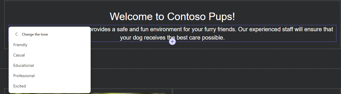 Screenshot of the available options for text tone.