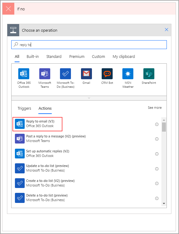 Screenshot of the If no branch with the Choose an operation dialog, showing search results for Reply to email.