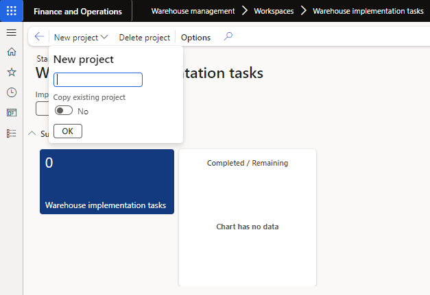Screenshot of Warehouse implementation tasks with New project selected.
