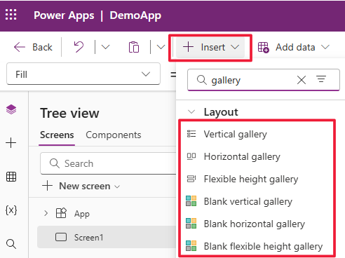 Screenshot of inserting from the Gallery button.