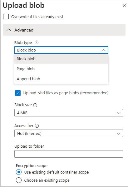 Screenshot of the Upload Blob page that shows the Authentication type, blob types, and block size.