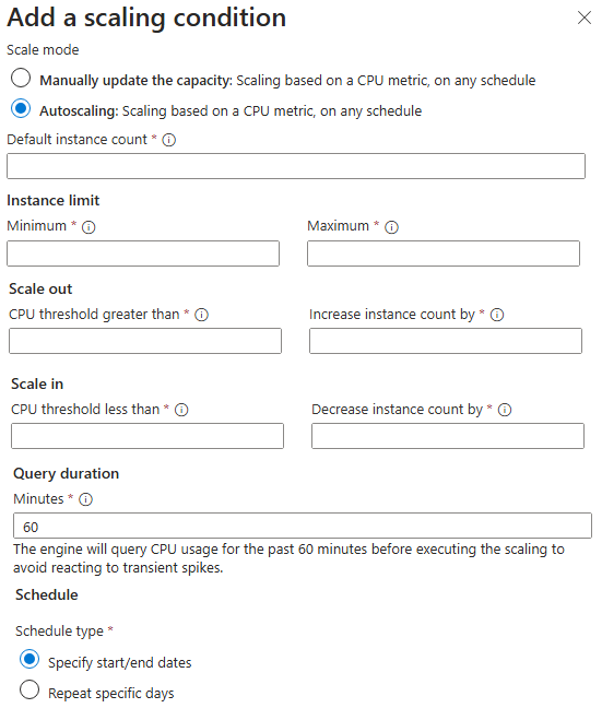 Screenshot of the settings for configuring virtual machine instances and autoscale in the Azure portal.