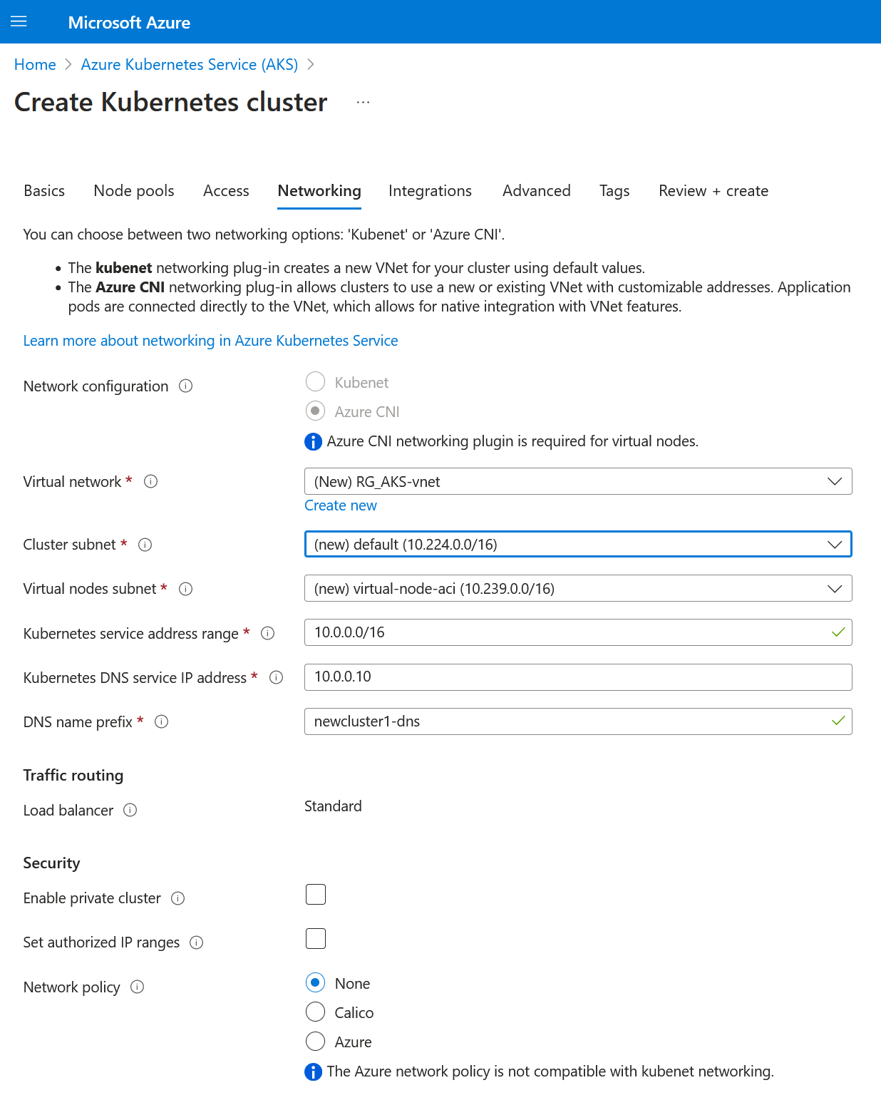 Screenshot of the default network settings.