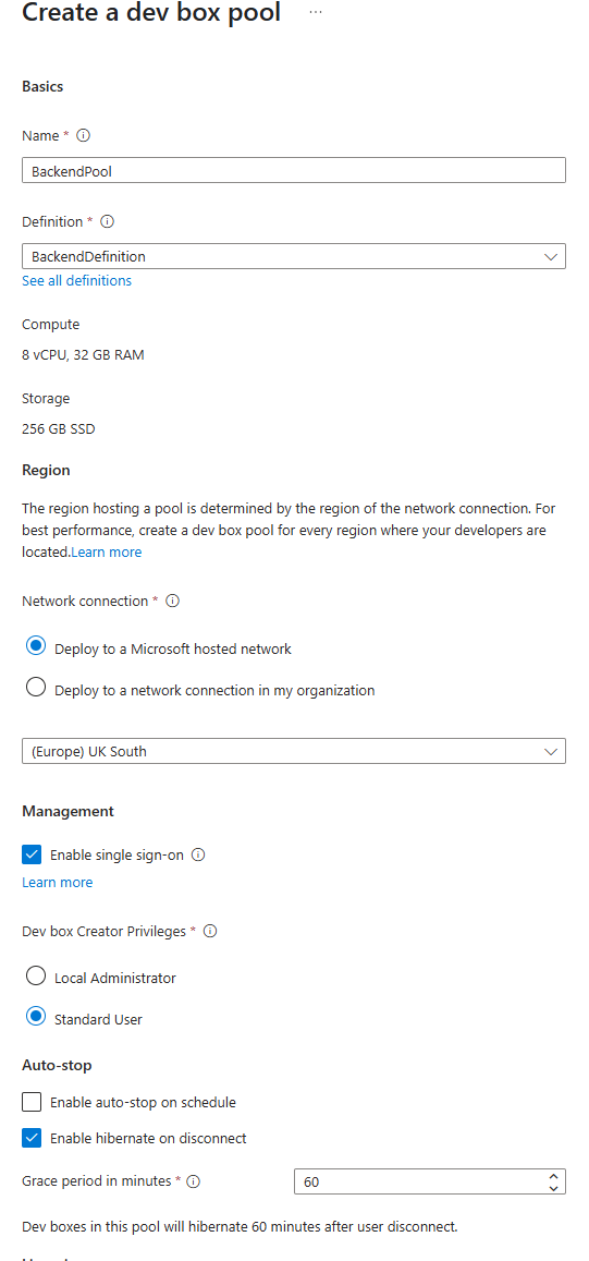 Screenshot of Dev Box pool creation.