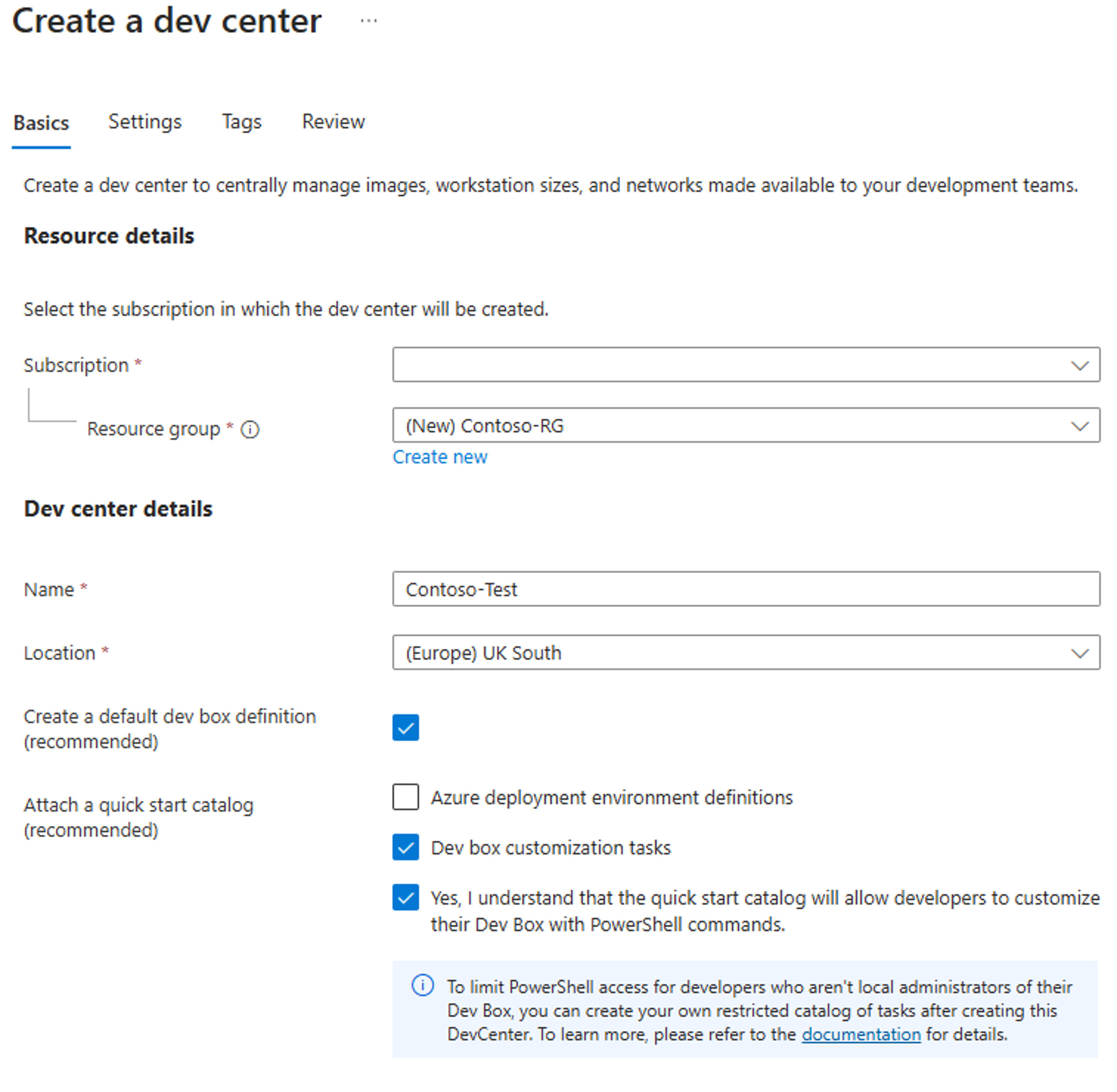 Screenshot of dev center creation Basics tab.