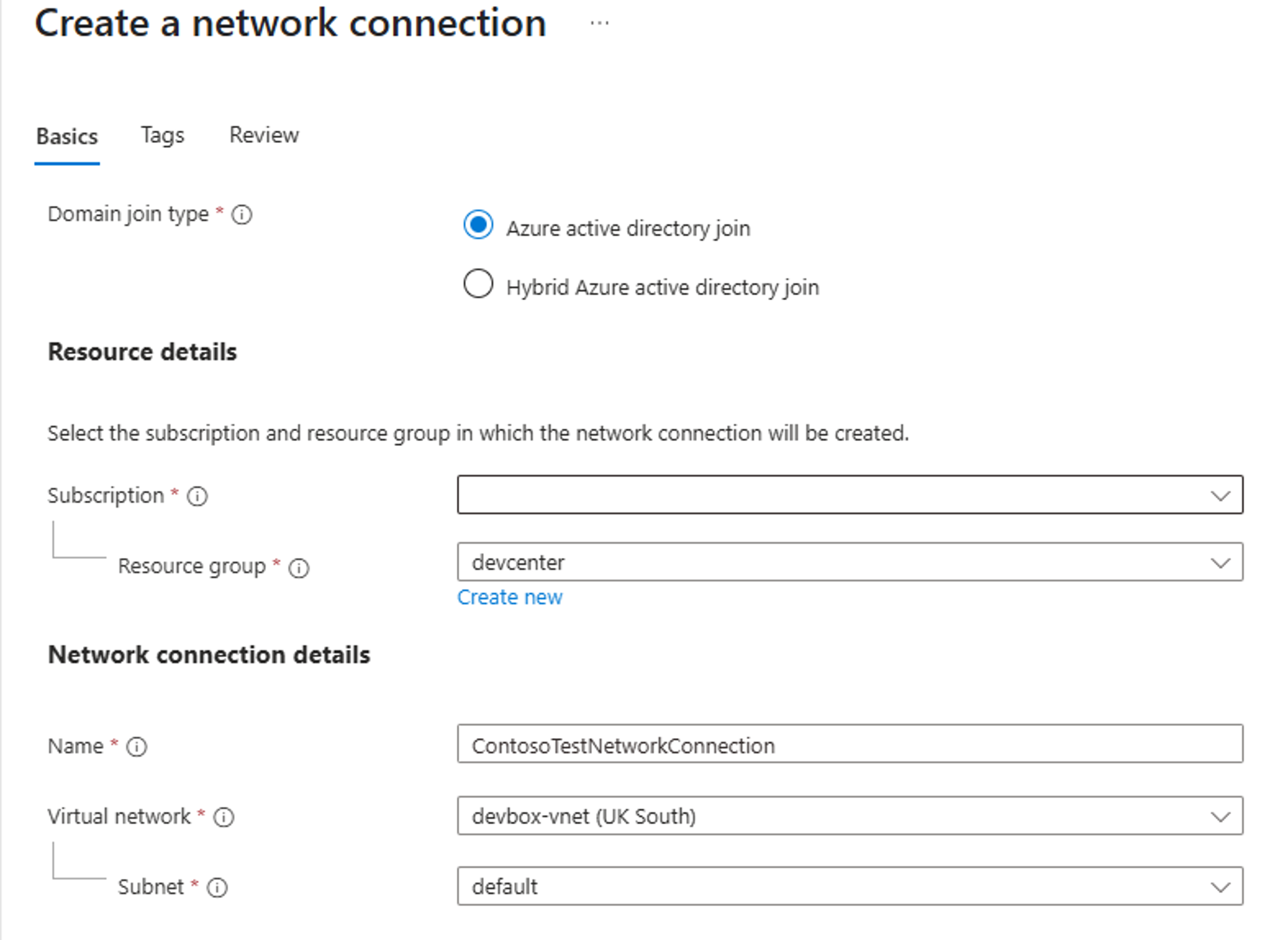 Screenshot of Dev center network connection creation.