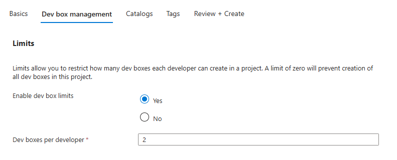 Screenshot of project creation Dev Box management tab.