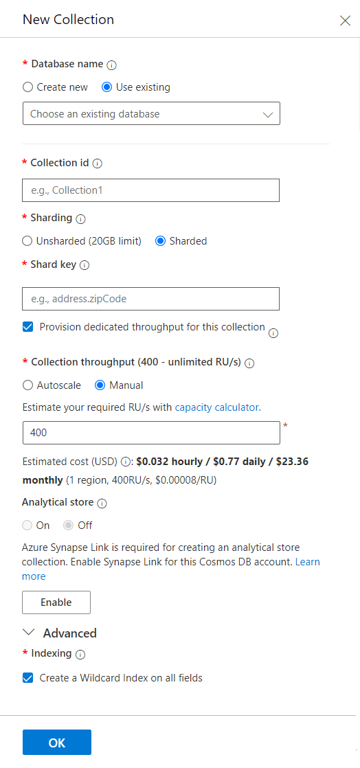Screenshot showing the create an Azure Cosmos DB for MongoDB collection.