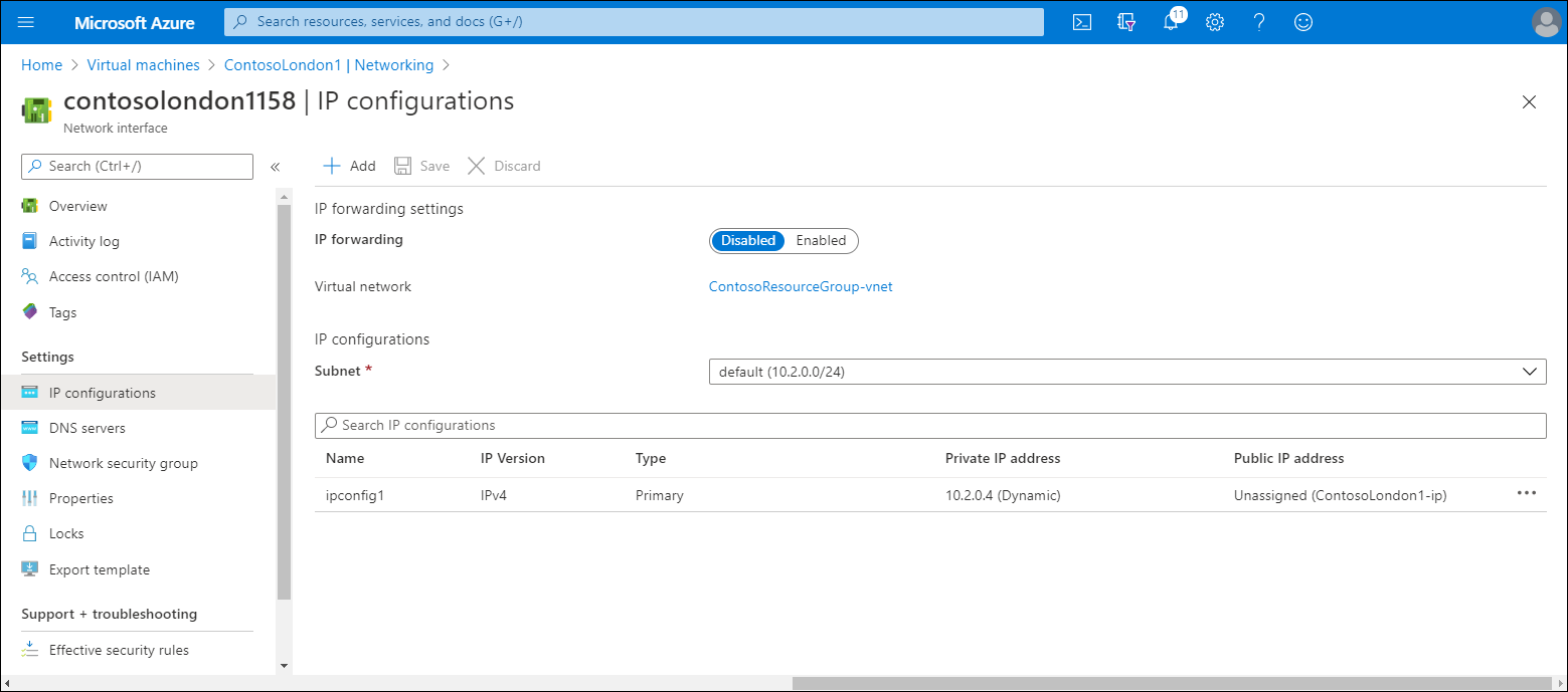 Screenshot of the IP configuration page for a selected VM's network interface. IP forwarding settings are set to Disabled.