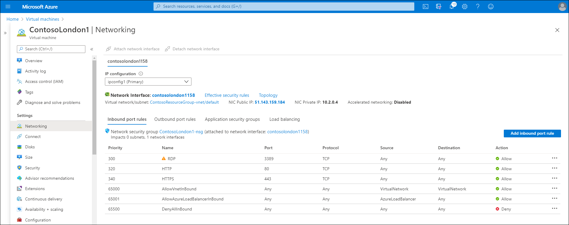 Screenshot of the Networking page for a VM called ContosoLondon1, with the following information displaying: IP configuration, Network Interface, VNet/subnet, NIC Public IP, NIC Private IP, and a summary of Inbound port rules..