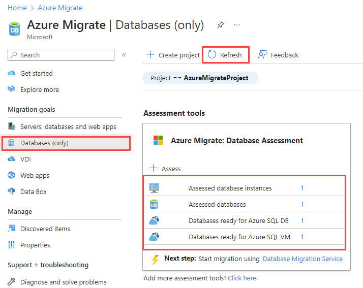 Screenshot of the Azure Migrate: Database Assessment results after discovery is complete.