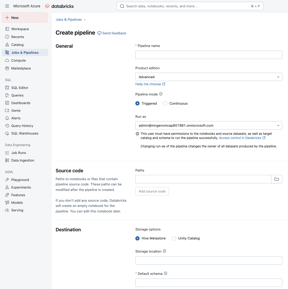 Screenshot showing Databricks Create Pipeline option.