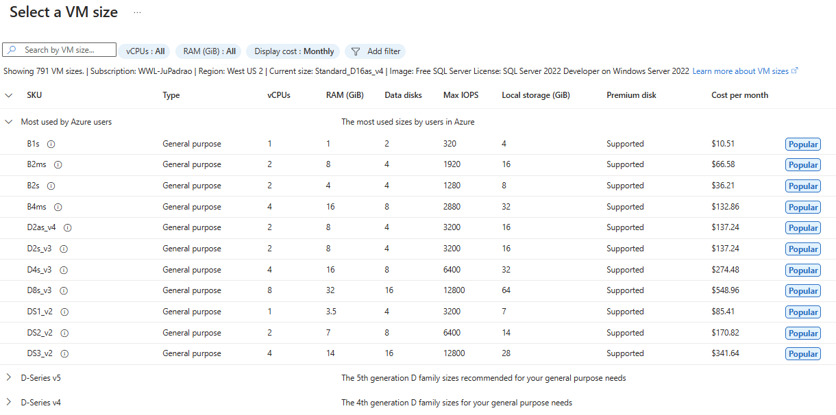 A Partial list of the VM sizes available through the Azure portal