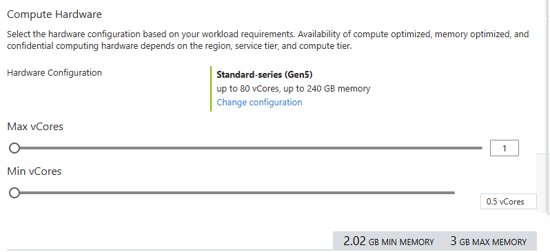 Screeshot showing the serveless settings in the Azure portal.
