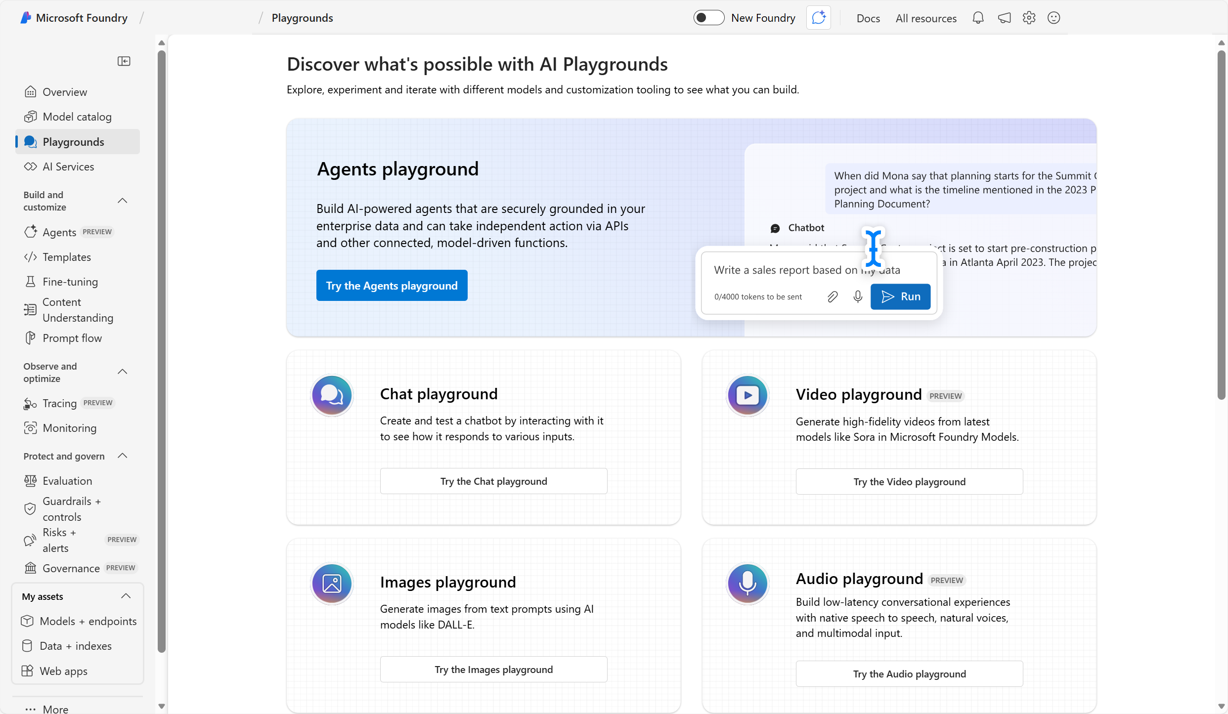 Screenshot of playgrounds on Microsoft Foundry