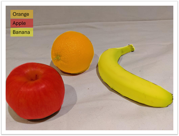 Photograph of an orange, apple, and banana with overlaid masks.
