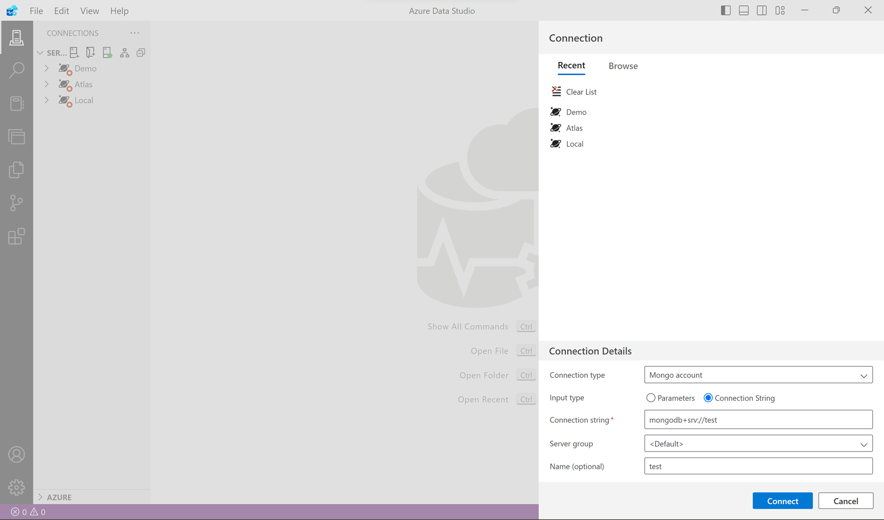 Screenshot of how to connect to a MongoDB server in Azure Data Studio.