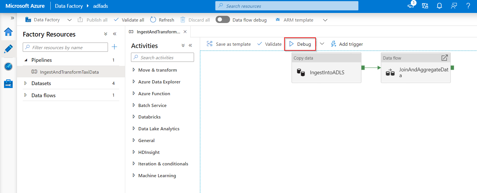 Debug slider Azure Data Factory