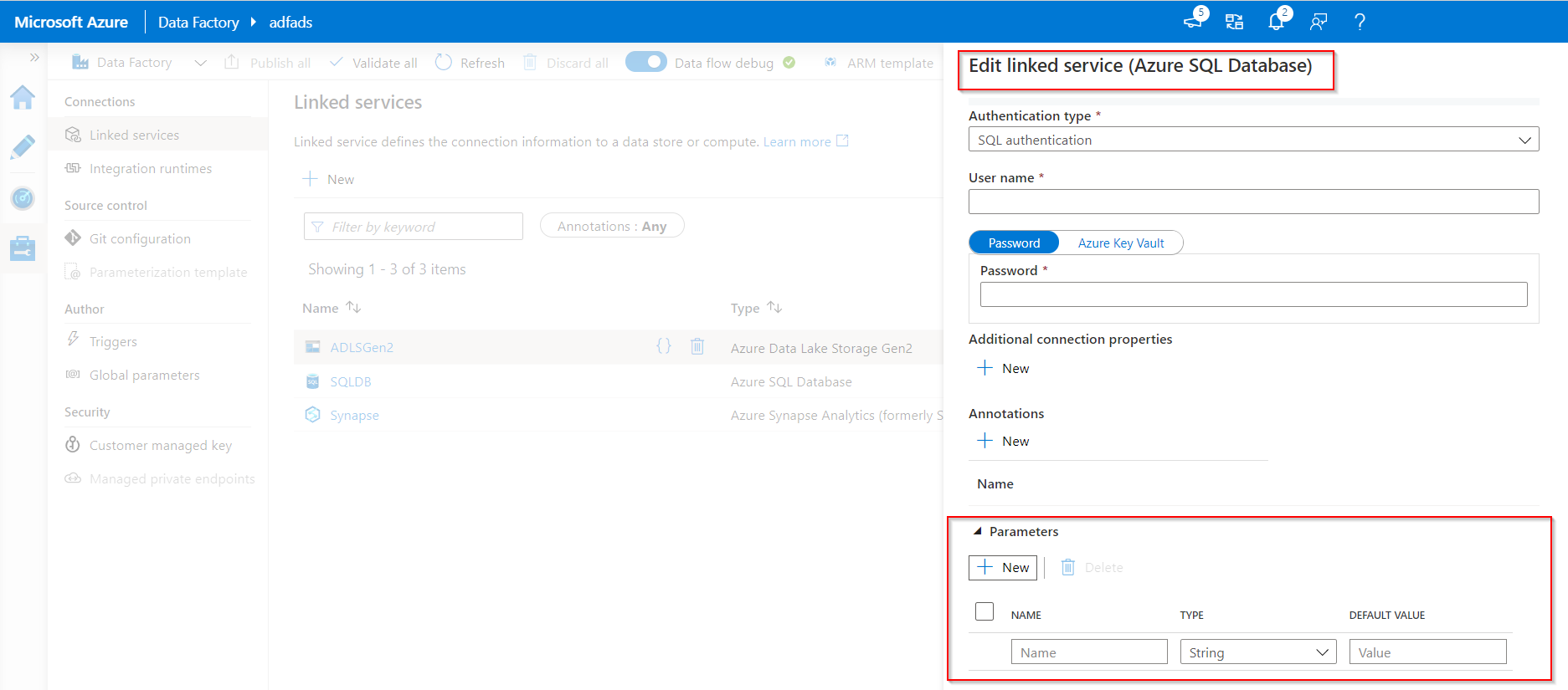 Parameter settings in Linked Service
