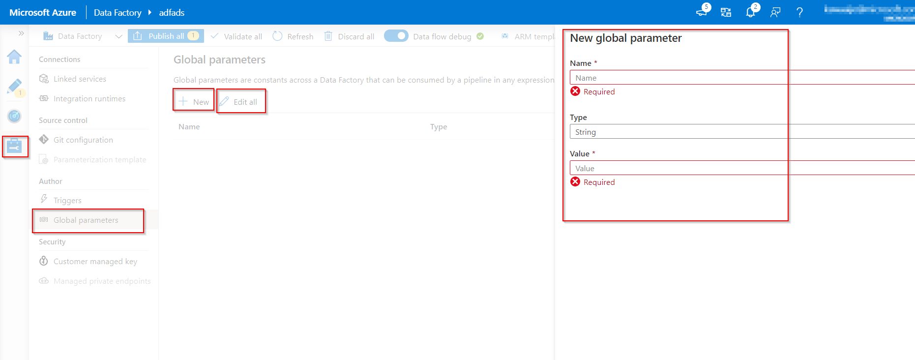 Global parameters in Azure Data Factory set up