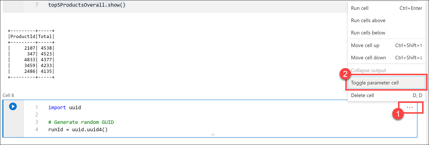 Toggle parameter cell The menu item is highlighted.