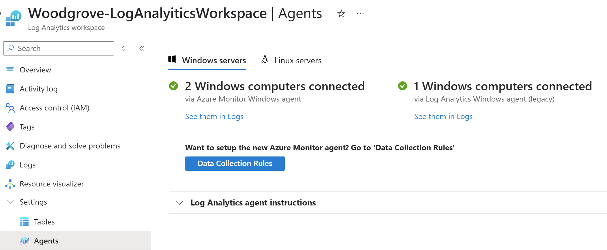 Screen shot of Log Analytics Agents page.