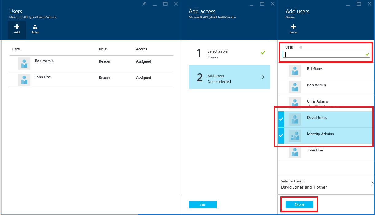 Screenshot of Microsoft Entra Connect Health and Azure RBAC and new users highlighted.