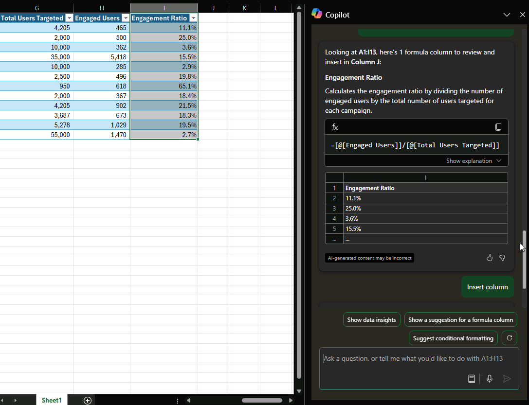 Screenshot of the results of the crafted prompt using Copilot in Excel.