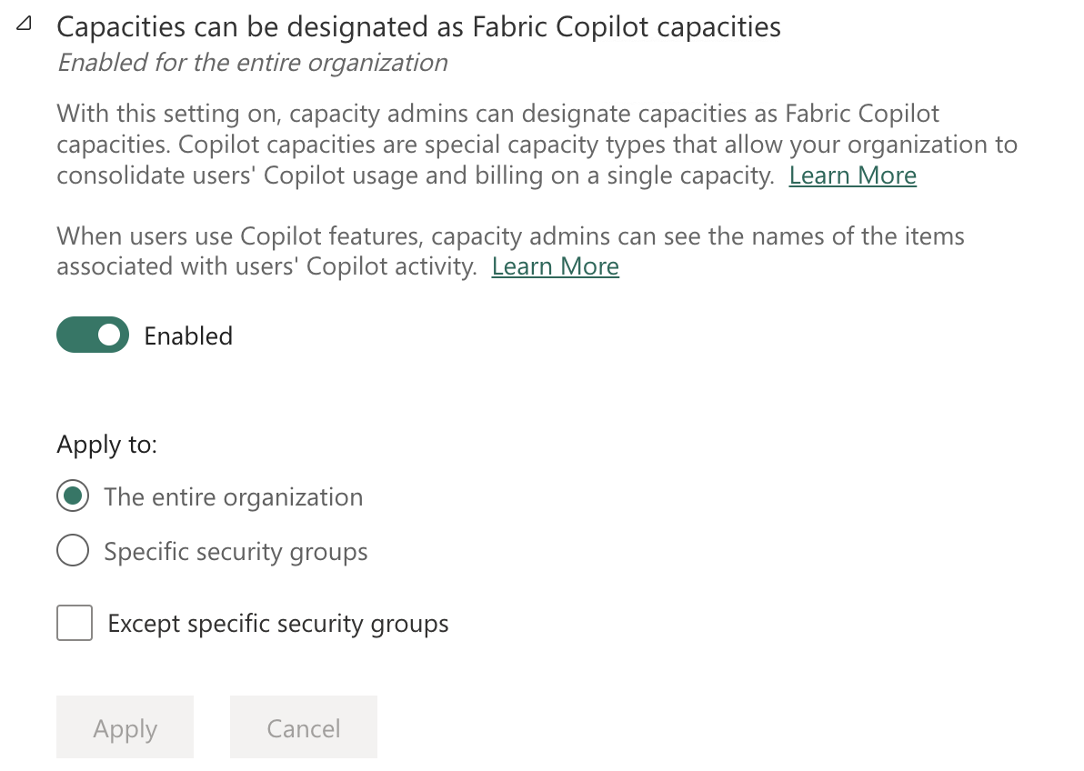Screenshot of a capacity designed as Fabric Copilot capacity.