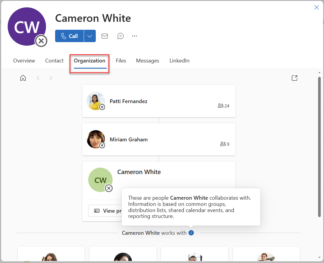 Screenshot of the Organization tab in the People card.