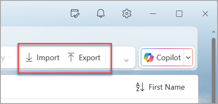 Screenshot of the import and export contacts options.