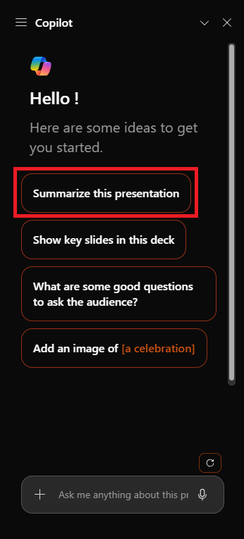 Screenshot of the Copilot panel in PowerPoint upon first opening.