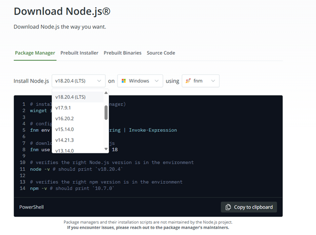 Screenshot of Node.js version in the user interface.