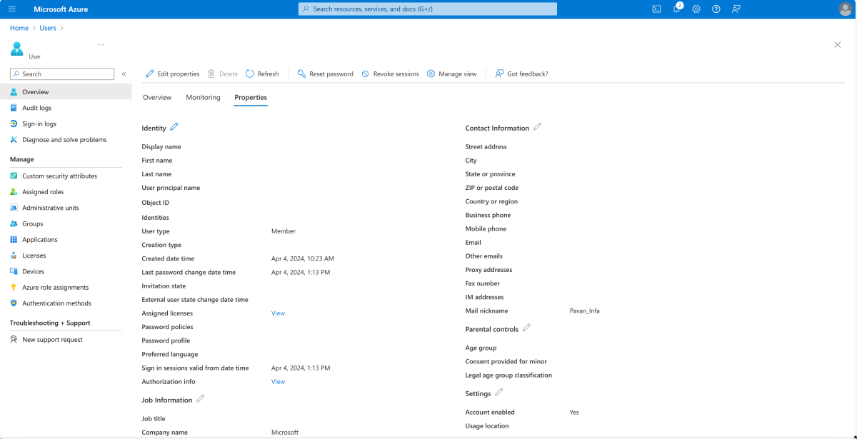 Screenshot that shows the user information screen in the Azure portal.