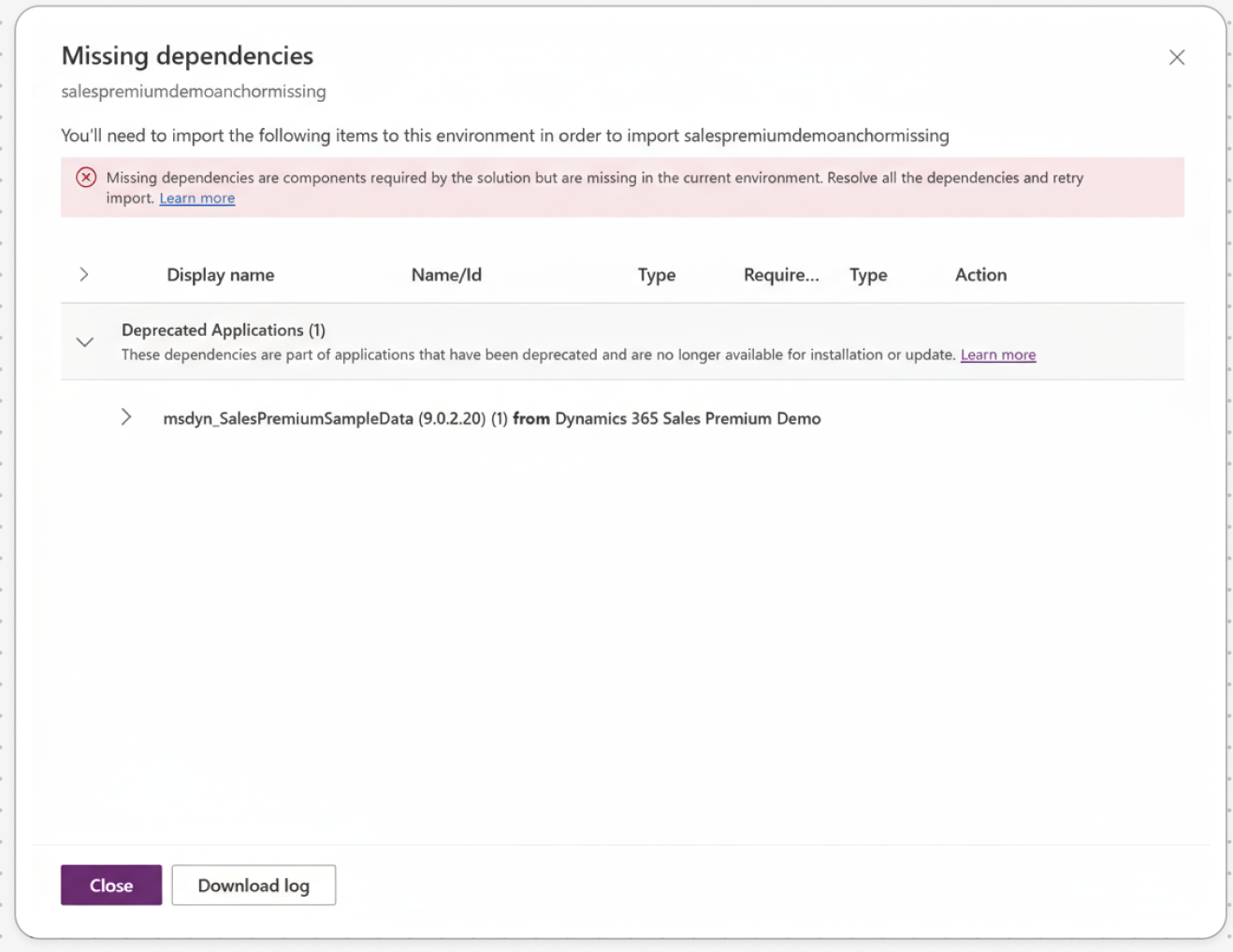 Screenshot that shows the Deprecated Applications section of the Missing dependencies page.