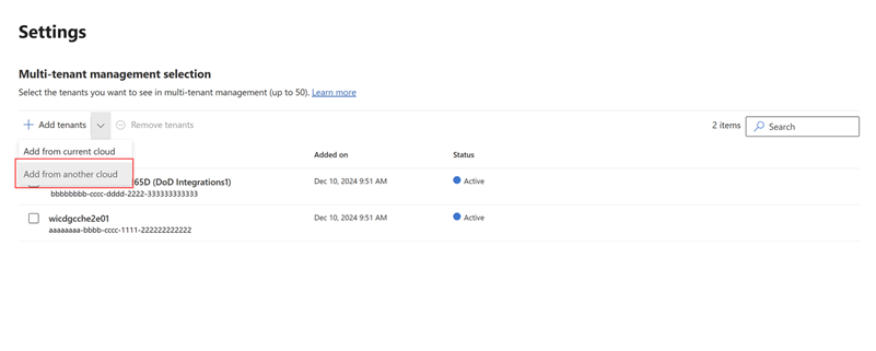 Screenshot of the Settings page with the Add tenant option highlighted.