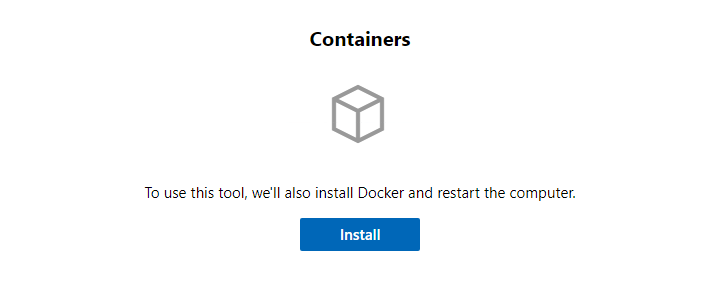 Screenshot of Windows Admin Center. A Containers extension page shows an Install button and a message about installing Docker.