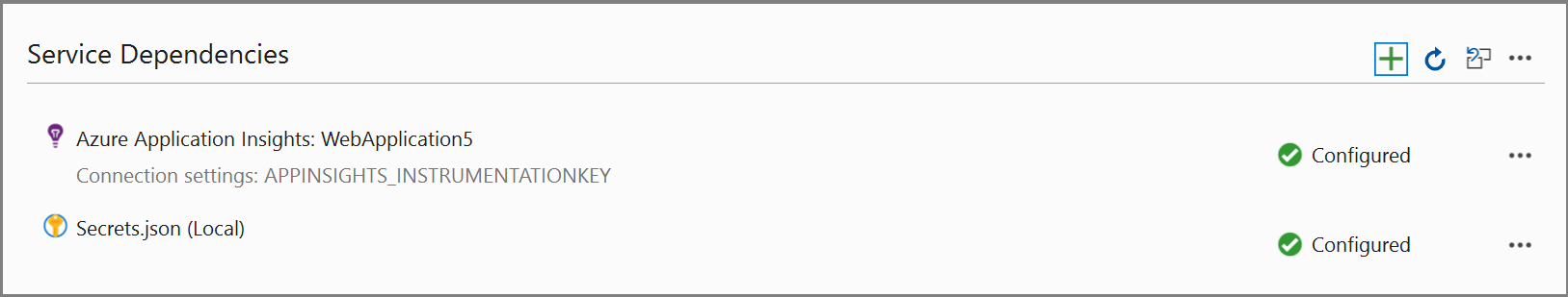 Screenshot showing the new connection listed in the Service dependencies section for the project in earlier versions of Visual Studio.