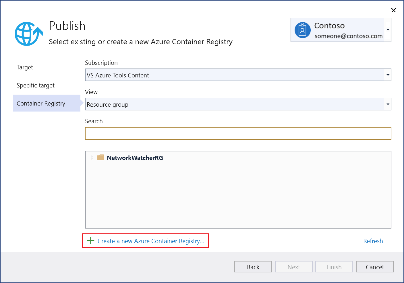 Screenshot of Publish dialog - choose Create a new Azure Container Registry.