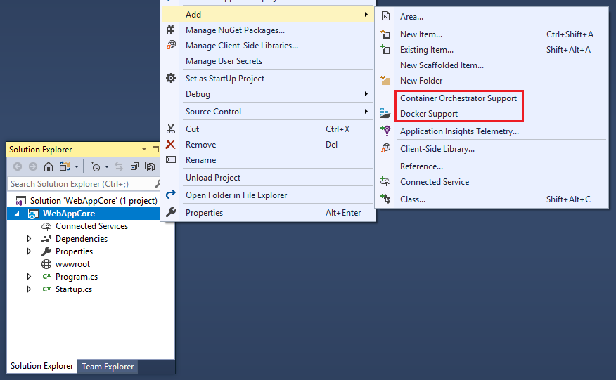 Screenshot showing the Add Docker Support menu option in Visual Studio.