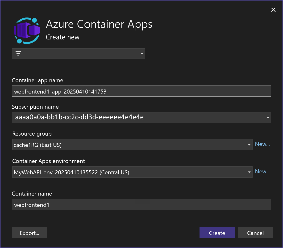Screenshot showing the screen in the Publish process where you specify an existing container, or create a new one, for Webfrontend.