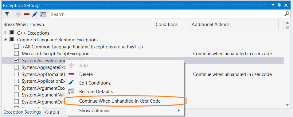 Continue-When-Unhandled-In-User-Code-Setting Screenshot of Continue when unhandled in user code setting.