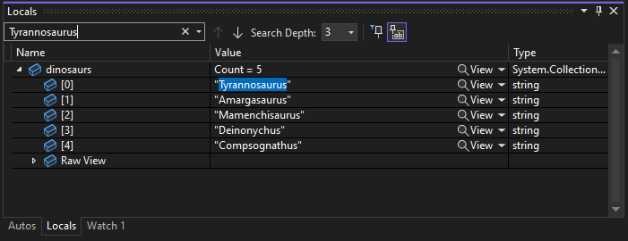 Search in Locals Window Screenshot of Search in Locals Window.